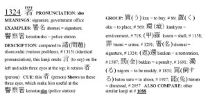 Kanji ID tool showing a group of related kanji